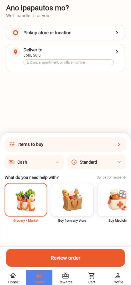 PAUTOS request screen showing pickup, delivery, item details, payment, and delivery speed controls