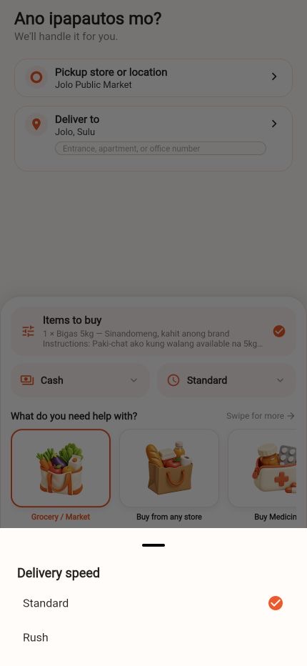 PAUTOS delivery speed options showing Standard and Rush