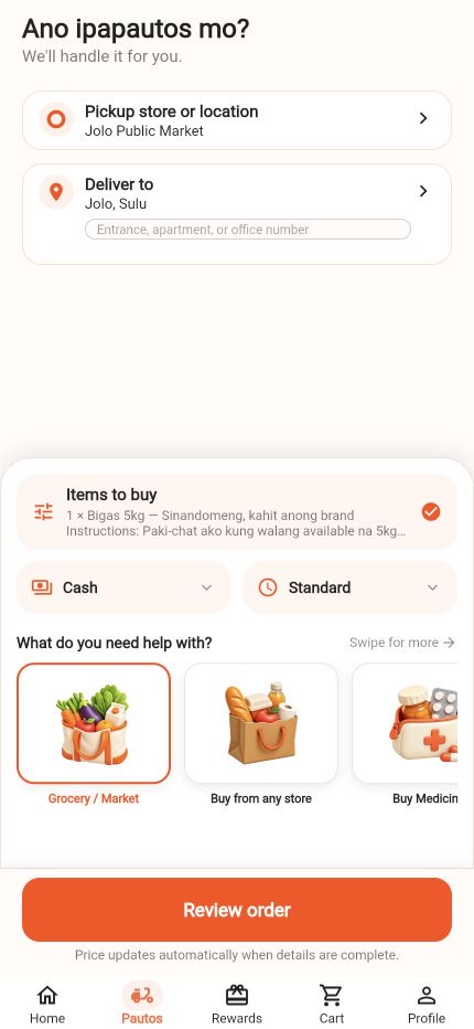Completed PAUTOS draft with pickup, delivery, item summary, Cash, Standard, and Review order button